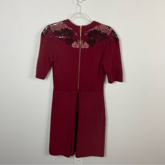 Burberry London Macrame Yoke 3/4 Sleeve Dress Carmine Red Size Large - Picture 14 of 14